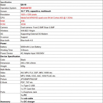 10 INCH 2GB RAM 32GB ROM Tablet PC Q5-19 Android 9.0 MTK8163 Quad-Core 64-Bit 1920 x 1200 Pixels Dual Camera