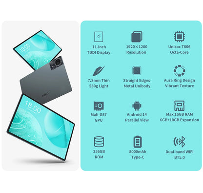 Odea S11 Tablet, 11 Inch Tddi, Android 14, (6+10)16Gb Ram, 256Gb Rom, 4g Lte, 8000Mah, 1920X1200, Unisoc T606, 8 Cores, Mali-G57, 5g Wifi, Gps, Sim Slots*2, Tf up to 1Tb, for Netflix Widevine L1