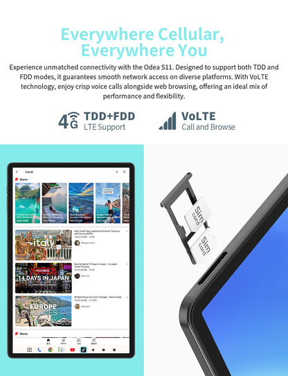 Odea S11 Tablet, 11 Inch Tddi, Android 14, (6+10)16Gb Ram, 256Gb Rom, 4g Lte, 8000Mah, 1920X1200, Unisoc T606, 8 Cores, Mali-G57, 5g Wifi, Gps, Sim Slots*2, Tf up to 1Tb, for Netflix Widevine L1