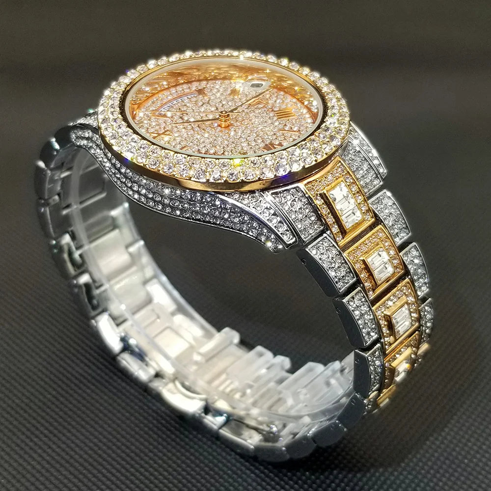 TikTok Hot Diamond Wristwatch For Men Luxury 18K Gold Plated Quartz Watches Day Date Nightclub Party Watch Unisex Rapper Jewelry