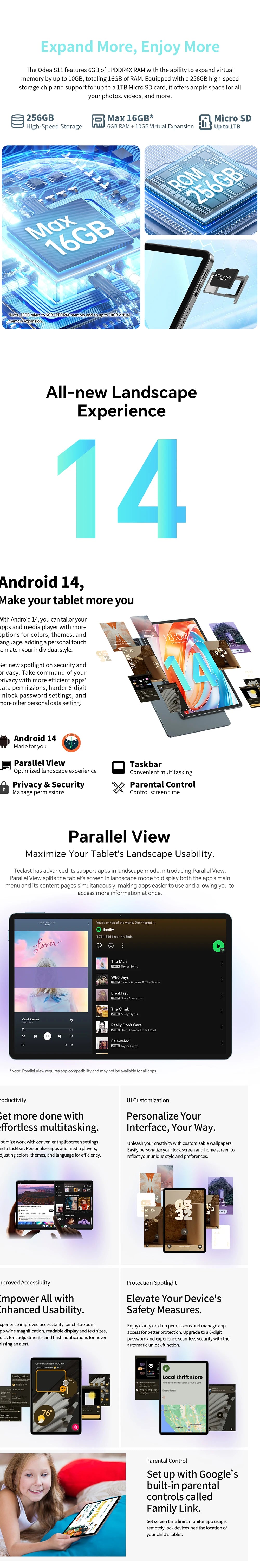 Odea S11 Tablet, 11 Inch Tddi, Android 14, (6+10)16Gb Ram, 256Gb Rom, 4g Lte, 8000Mah, 1920X1200, Unisoc T606, 8 Cores, Mali-G57, 5g Wifi, Gps, Sim Slots*2, Tf up to 1Tb, for Netflix Widevine L1