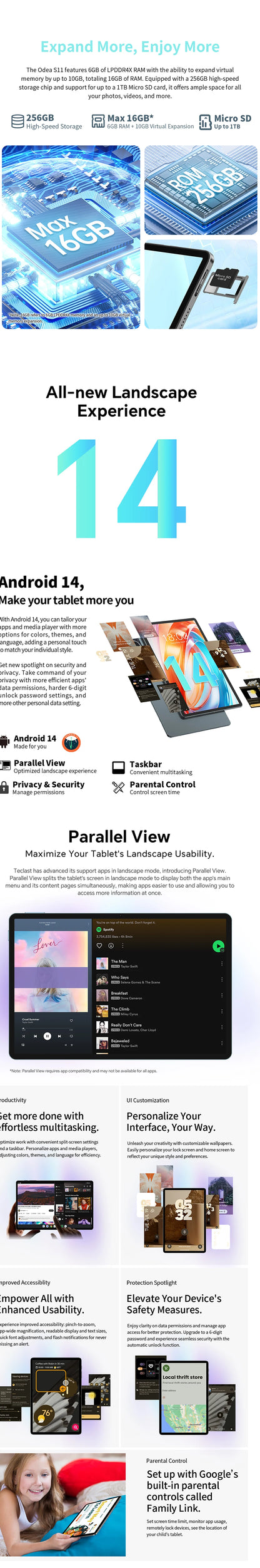 Odea S11 Tablet, 11 Inch Tddi, Android 14, (6+10)16Gb Ram, 256Gb Rom, 4g Lte, 8000Mah, 1920X1200, Unisoc T606, 8 Cores, Mali-G57, 5g Wifi, Gps, Sim Slots*2, Tf up to 1Tb, for Netflix Widevine L1