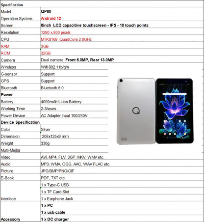 8 INCH Android 12 RAM 3GB+32GB ROM QP80 MTK8168 Tablet Quad Core IPS Screen Quad Core Rear 13.0MP WIFI Dual Camera