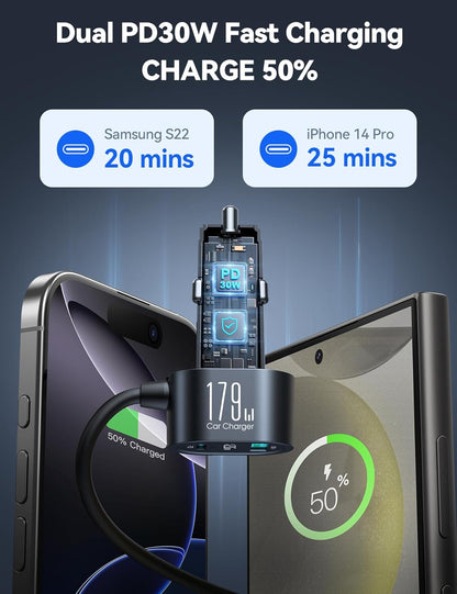 [2025 Upgraded] 7 in 1 Cigarette Lighter Adapter,  179W Car Charger Adapter with PD30W Charge(3.3Ft Cable), 24V/ 12V Cigarette Lighter Splitter with Independent Switches & LED Voltage Display