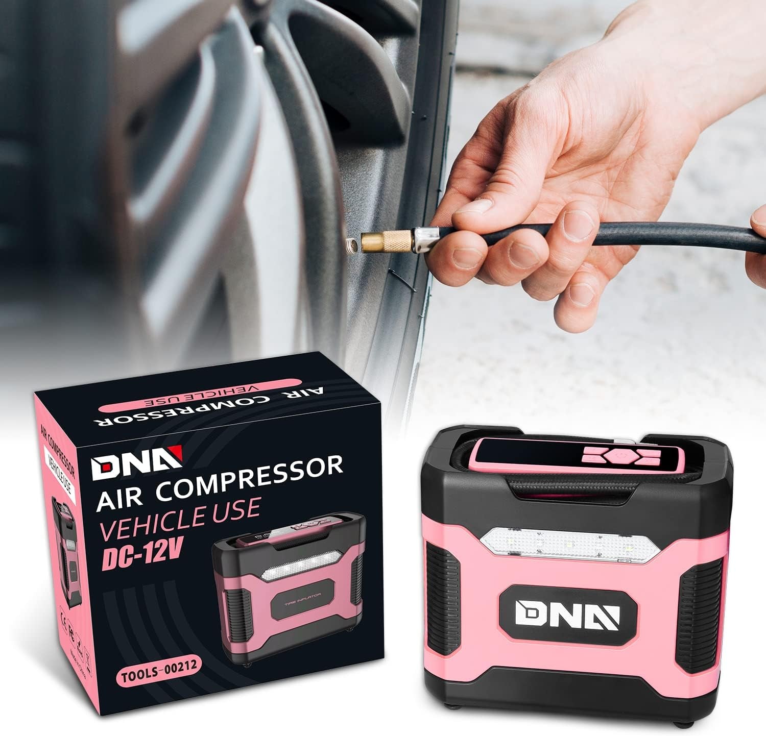 ‎ TOOLS-00212 Pink 12V DC Digital Tire Inflator Portable Air Compressor with Pressure Gauge for Cars, Bicycles, Motorcycles,Balls