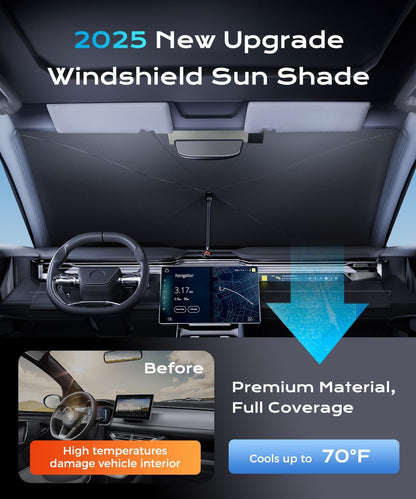[2025 Upgrade]  Windshield Sun Shade, UPF80+ Sunshade for Car Windshield Blocks Heat & UV Rays, Thickened Vinyl Coating Keep Cool Protect Interior, M 57”X32” for Sedans/Suvs