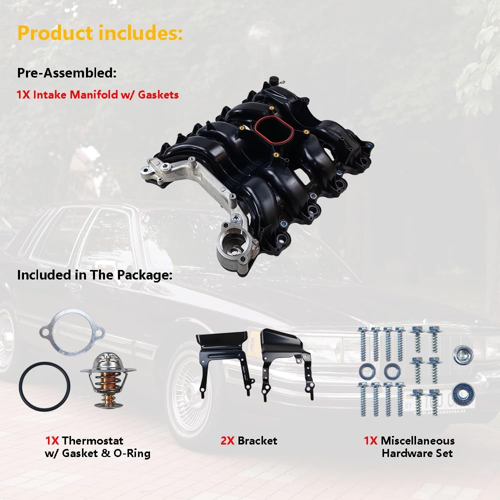 Upper Intake Manifold W/Gasket Thermostat Kit | Fit for Ford Crown Victoria Mustang Thunderbird, Mercury Grand Marquis Cougar, Lincoln Town Car V8 4.6L | OE# F6SZ9424AA F8AZ9424AAA F8AZ9424BC 615-178
