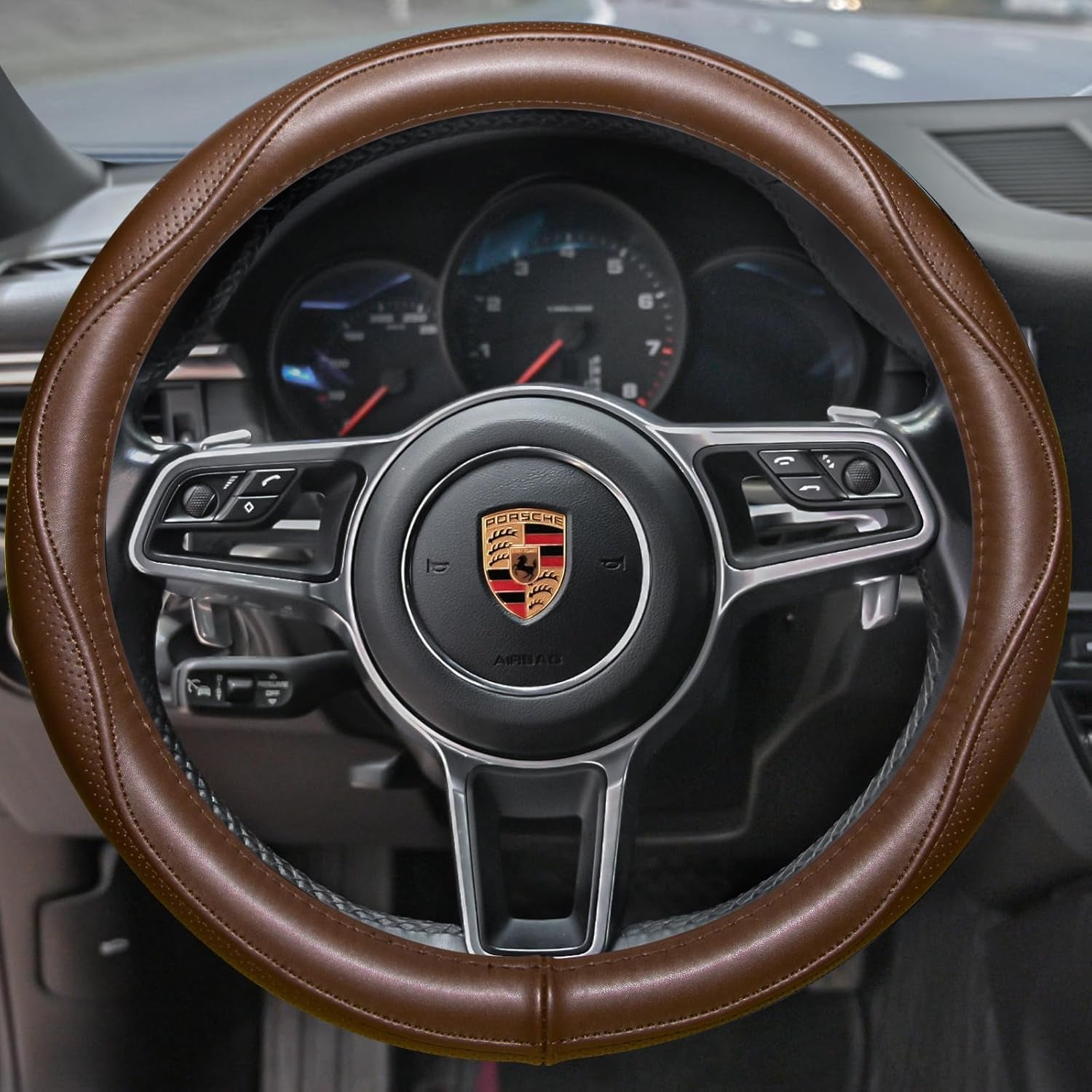 Top Grade Brown Genuine Leather Steering Wheel Cover Men Women, Luxury Steering Wheel Cover for Cars, SUVS and Trucks, Universal 14.5-15 Inch