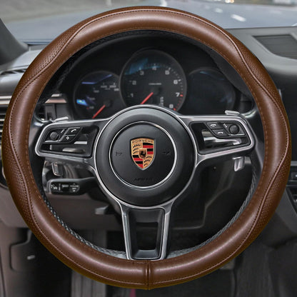 Top Grade Brown Genuine Leather Steering Wheel Cover Men Women, Luxury Steering Wheel Cover for Cars, SUVS and Trucks, Universal 14.5-15 Inch