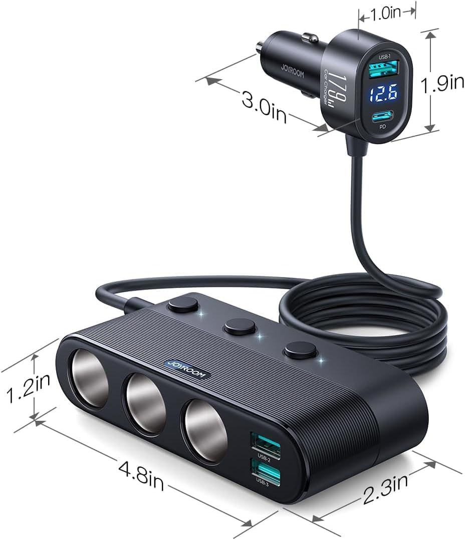 [2025 Upgraded] 7 in 1 Cigarette Lighter Adapter,  179W Car Charger Adapter with PD30W Charge(3.3Ft Cable), 24V/ 12V Cigarette Lighter Splitter with Independent Switches & LED Voltage Display