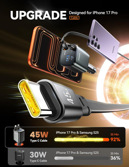[2025 Ultra-Compact]  Retractable Car Charger 84W Car Charger USB C for Iphone 16 17 Fast Charging, Car Accessories, Car Adapter Travel Essentials Gifts for Women Men, for Iphone 17 16 15 14 13
