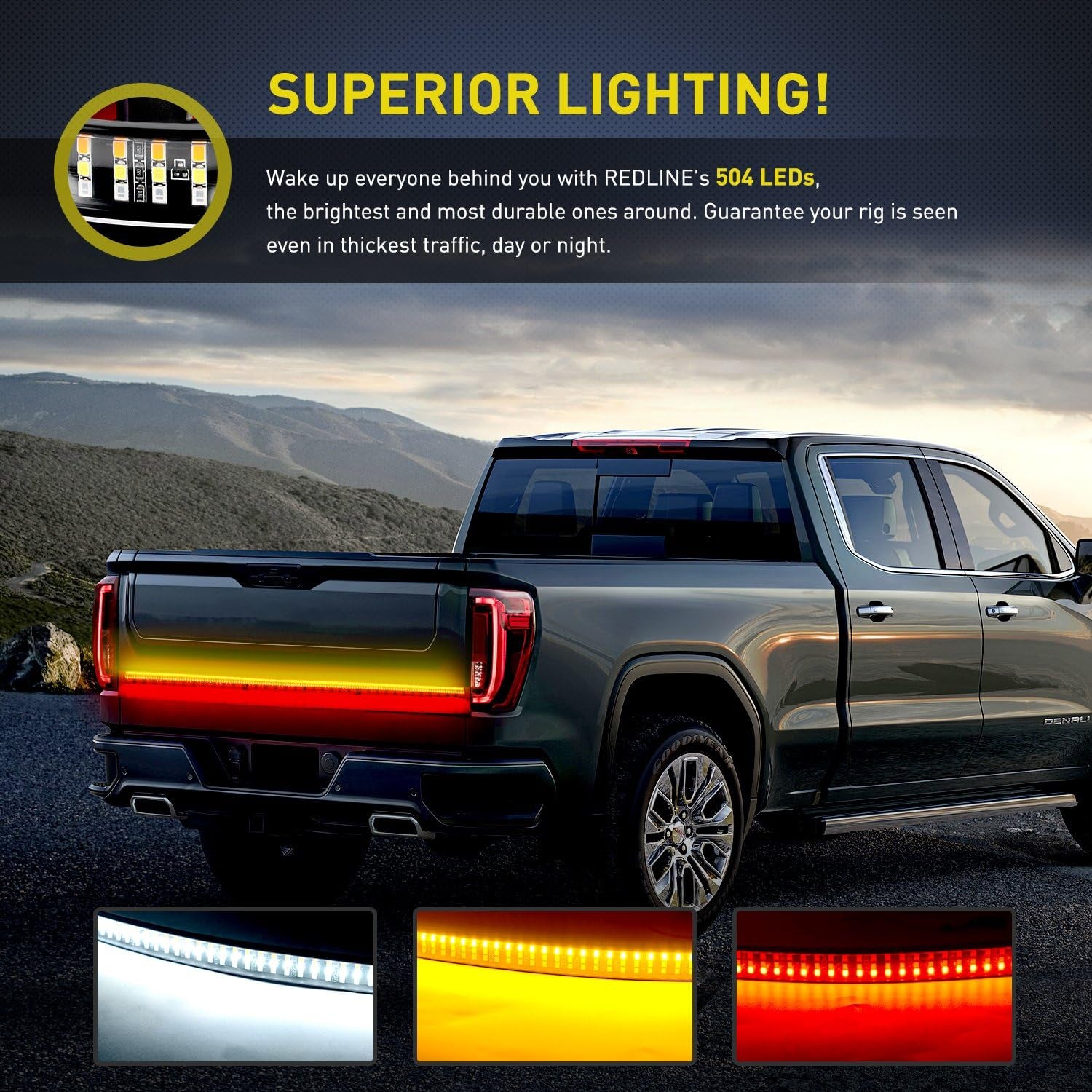 TR-03 60" Triple 504 Leds Truck Tailgate Side Bed Light Bar Strip Sequential Amber Brake Running Turn Signal Red/White Reverse