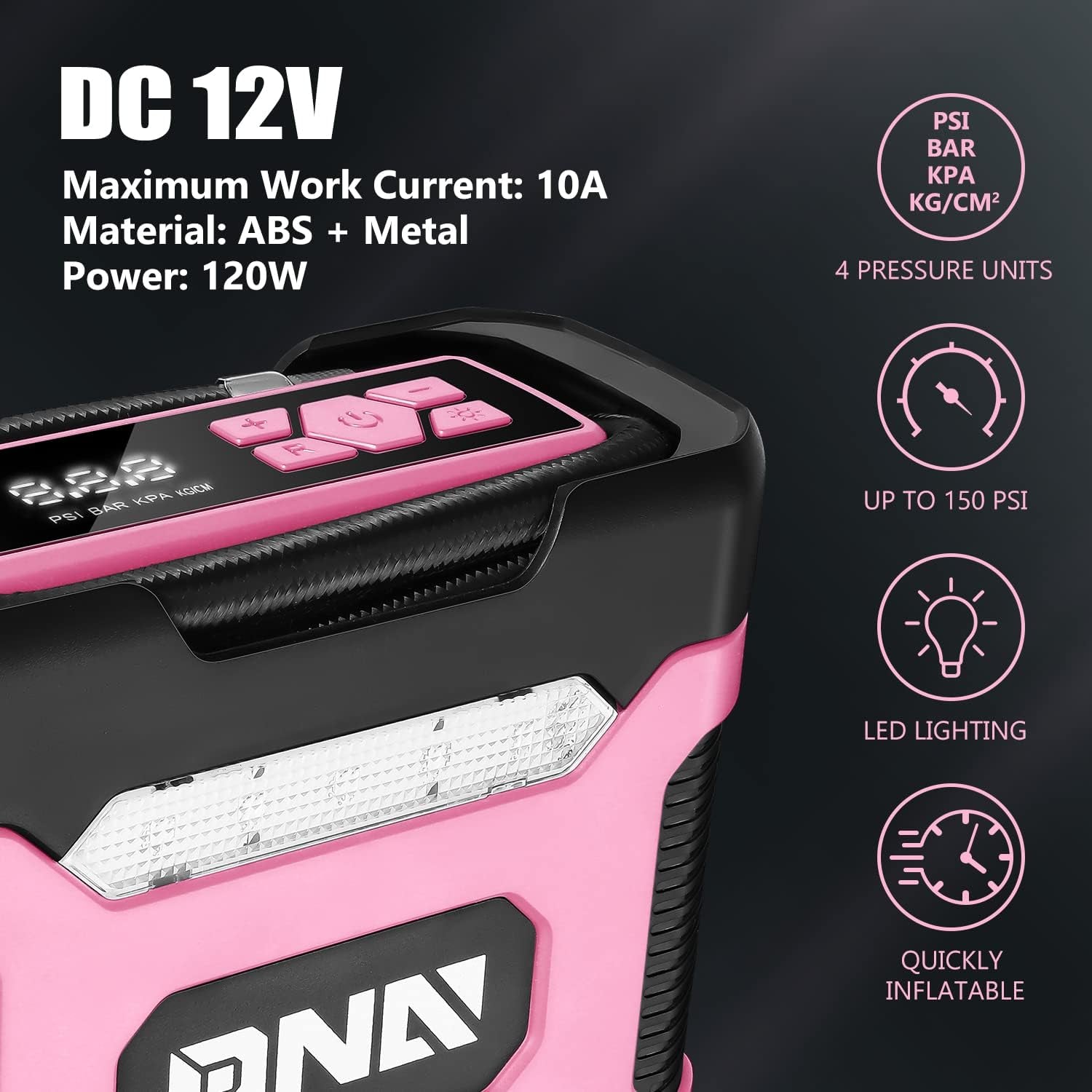 ‎ TOOLS-00212 Pink 12V DC Digital Tire Inflator Portable Air Compressor with Pressure Gauge for Cars, Bicycles, Motorcycles,Balls