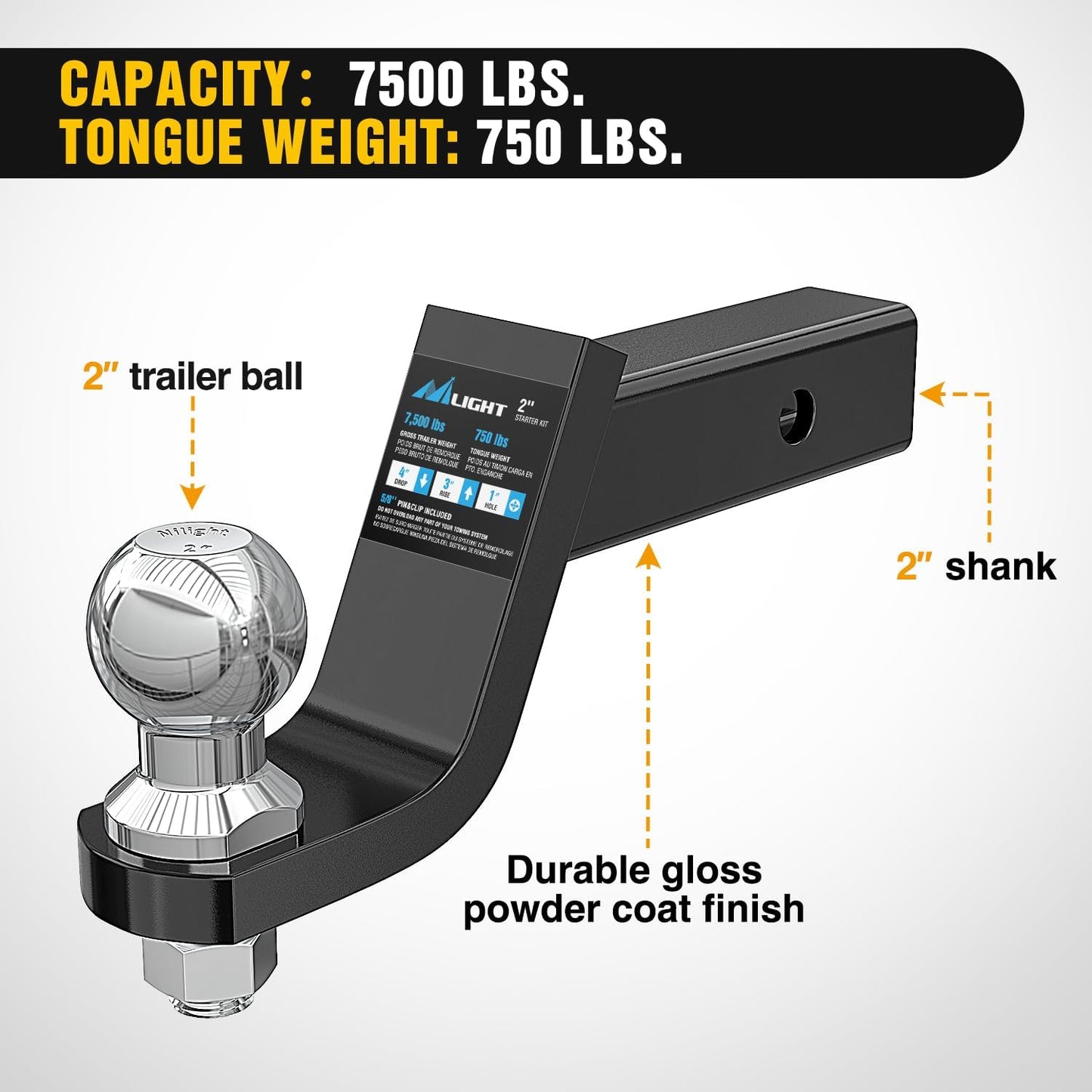 Trailer Hitch Ball Mount with 2-Inch Ball & 5/8" Hitch Pin Clip Fits 2-In Receiver 7500 Lbs 4" Drop,2 Years Warranty