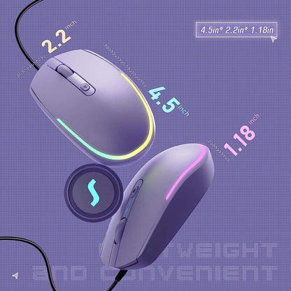 USB Wired Optical Mouse with RGB Backlighting and Attached Cord for Laptops and Chromebooks - Purple