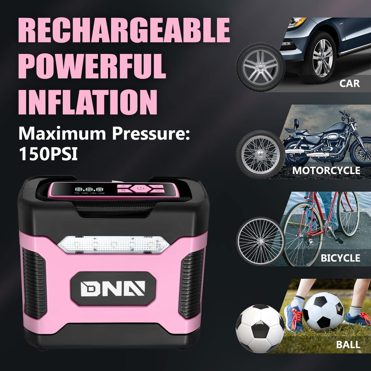 ‎ TOOLS-00212 Pink 12V DC Digital Tire Inflator Portable Air Compressor with Pressure Gauge for Cars, Bicycles, Motorcycles,Balls