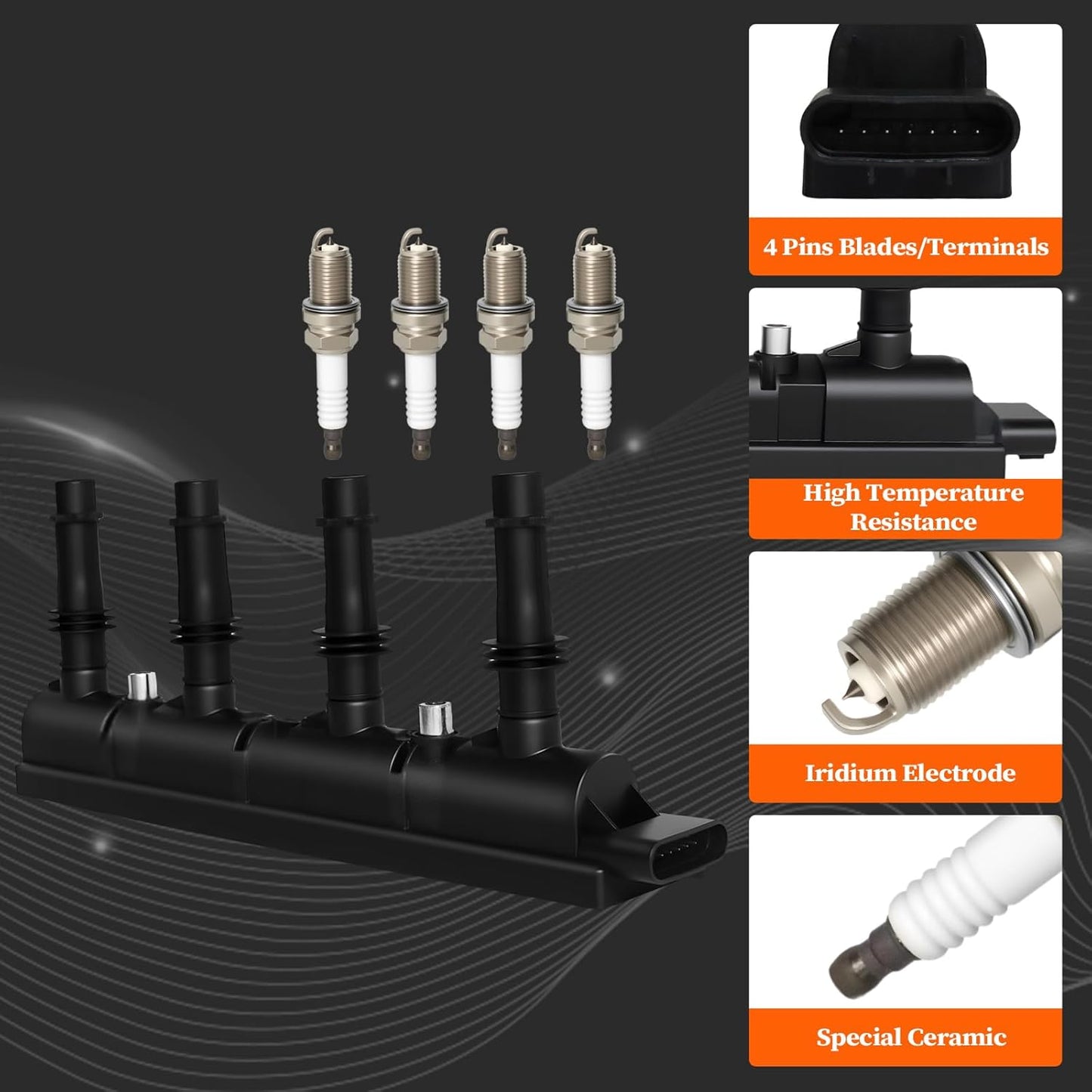 UF-669 Ignition Coil Pack and 1675 Spark Plugs Fit for Chevy Cruze Turbo 2011-2015, Sonic Turbo 2012-2020, Trax Turbo 2014-2020, Volt 2011-2015, Buick Encore, L4 1.4L, Replaces 55575499 55577898