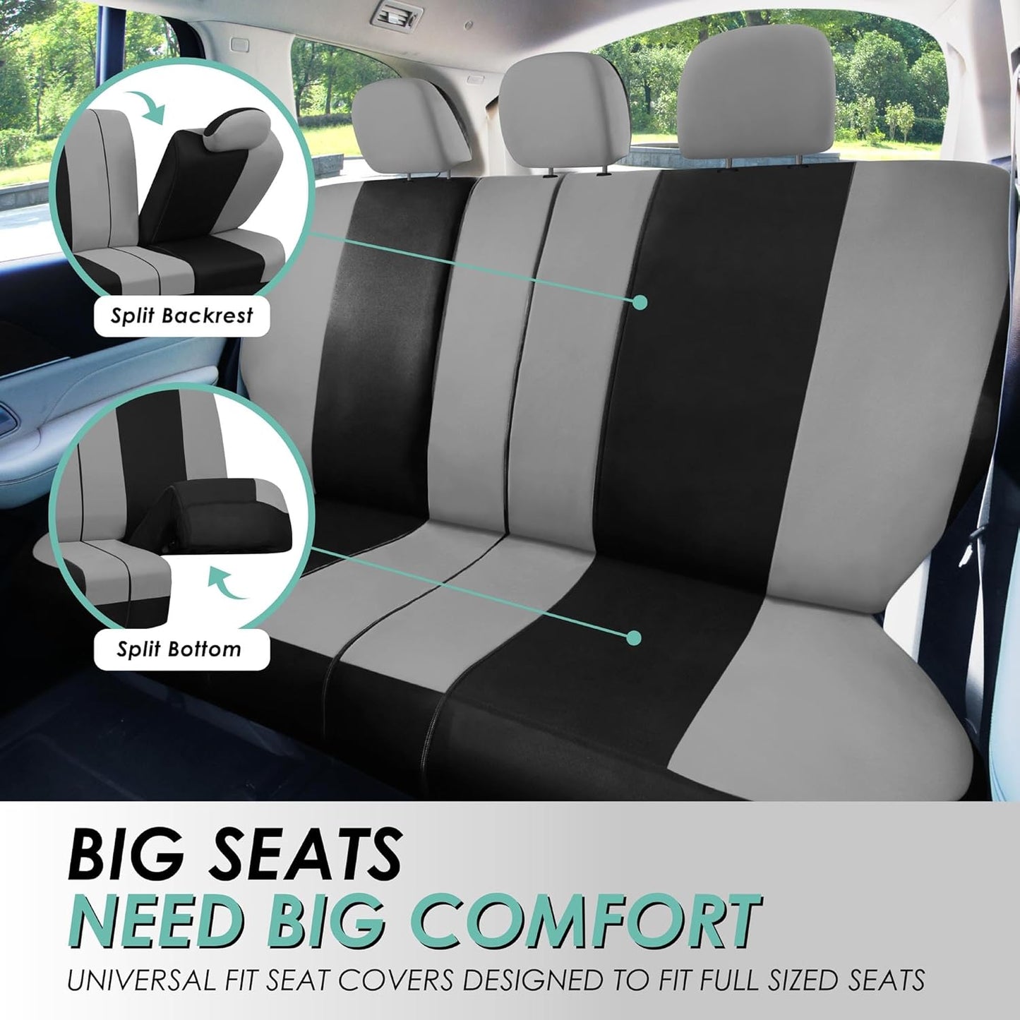 Universal Fit Gray Black Automotive Seat Covers Combo Set with Steering Wheel Cover and Seat Belt Pad Fits Most Cars, Suvs, and Trucks (Airbag Compatible and Split Bench)