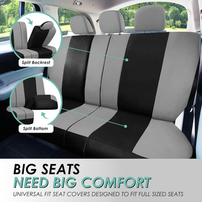 Universal Fit Gray Black Automotive Seat Covers Combo Set with Steering Wheel Cover and Seat Belt Pad Fits Most Cars, Suvs, and Trucks (Airbag Compatible and Split Bench)