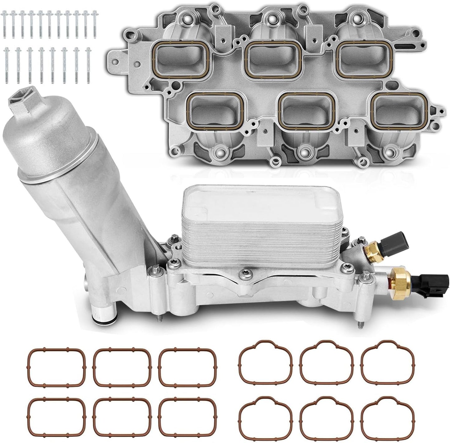 Upgraded Full Aluminum Engine Lower Intake Manifold with Gasket ＆ Engine Oil Filter Housing with Oil Cooler Sensors and Gaskets Compatible with Dodge Charger Challenger Journey Jeep Wrangler