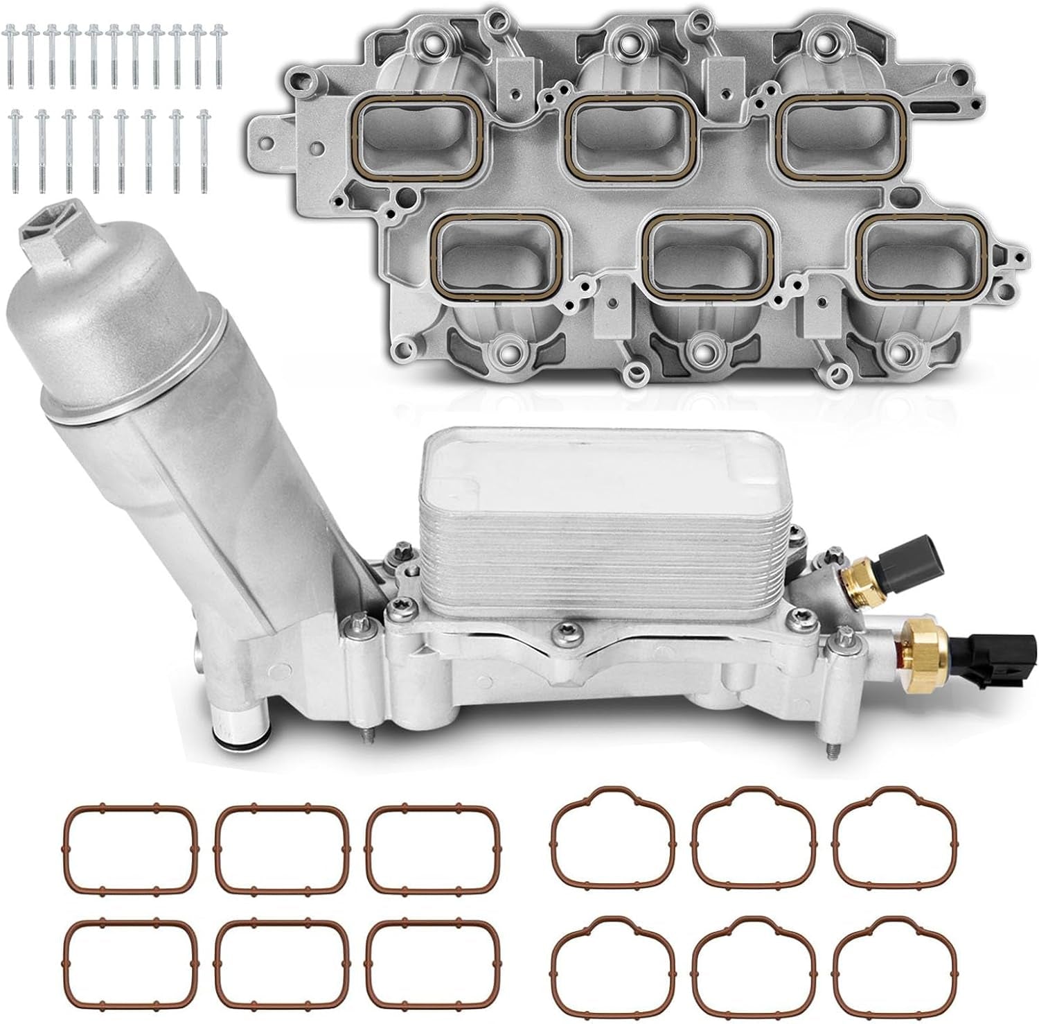 Upgraded Full Aluminum Engine Lower Intake Manifold with Gasket ＆ Engine Oil Filter Housing with Oil Cooler Sensors and Gaskets Compatible with Dodge Charger Challenger Journey Jeep Wrangler