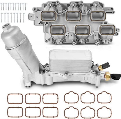 Upgraded Full Aluminum Engine Lower Intake Manifold with Gasket ＆ Engine Oil Filter Housing with Oil Cooler Sensors and Gaskets Compatible with Dodge Charger Challenger Journey Jeep Wrangler
