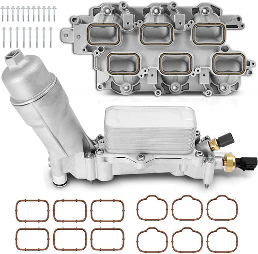 Upgraded Full Aluminum Engine Lower Intake Manifold with Gasket ＆ Engine Oil Filter Housing with Oil Cooler Sensors and Gaskets Compatible with Dodge Charger Challenger Journey Jeep Wrangler