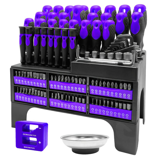 118pcs Magnetic Screwdriver Set with Plastic Rack And Magnetic Tool Bowl, Chrome Vanadium Steel, Multi-size for Electronics And Precision Work, Non-Slip Rubber Handles, Durable Metal Construction.(Purple)