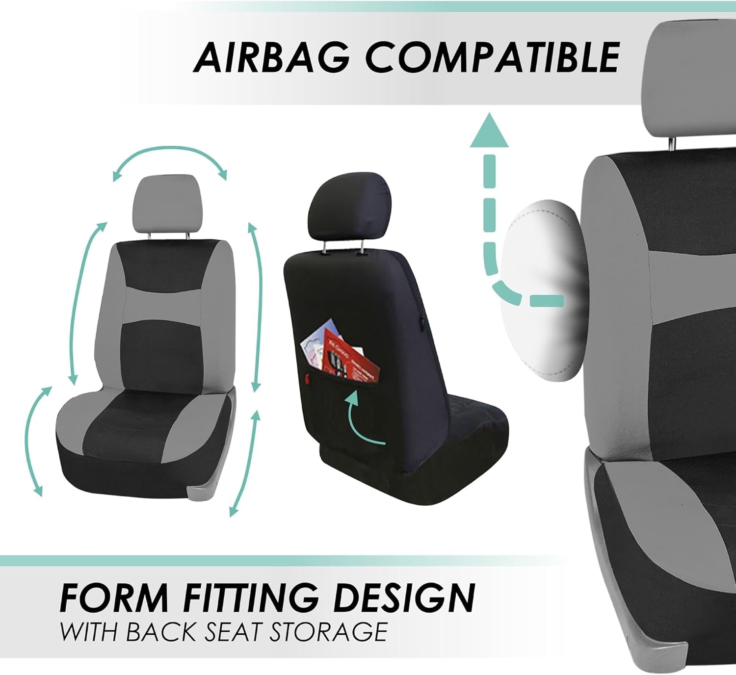 Universal Fit Gray Black Automotive Seat Covers Combo Set with Steering Wheel Cover and Seat Belt Pad Fits Most Cars, Suvs, and Trucks (Airbag Compatible and Split Bench)