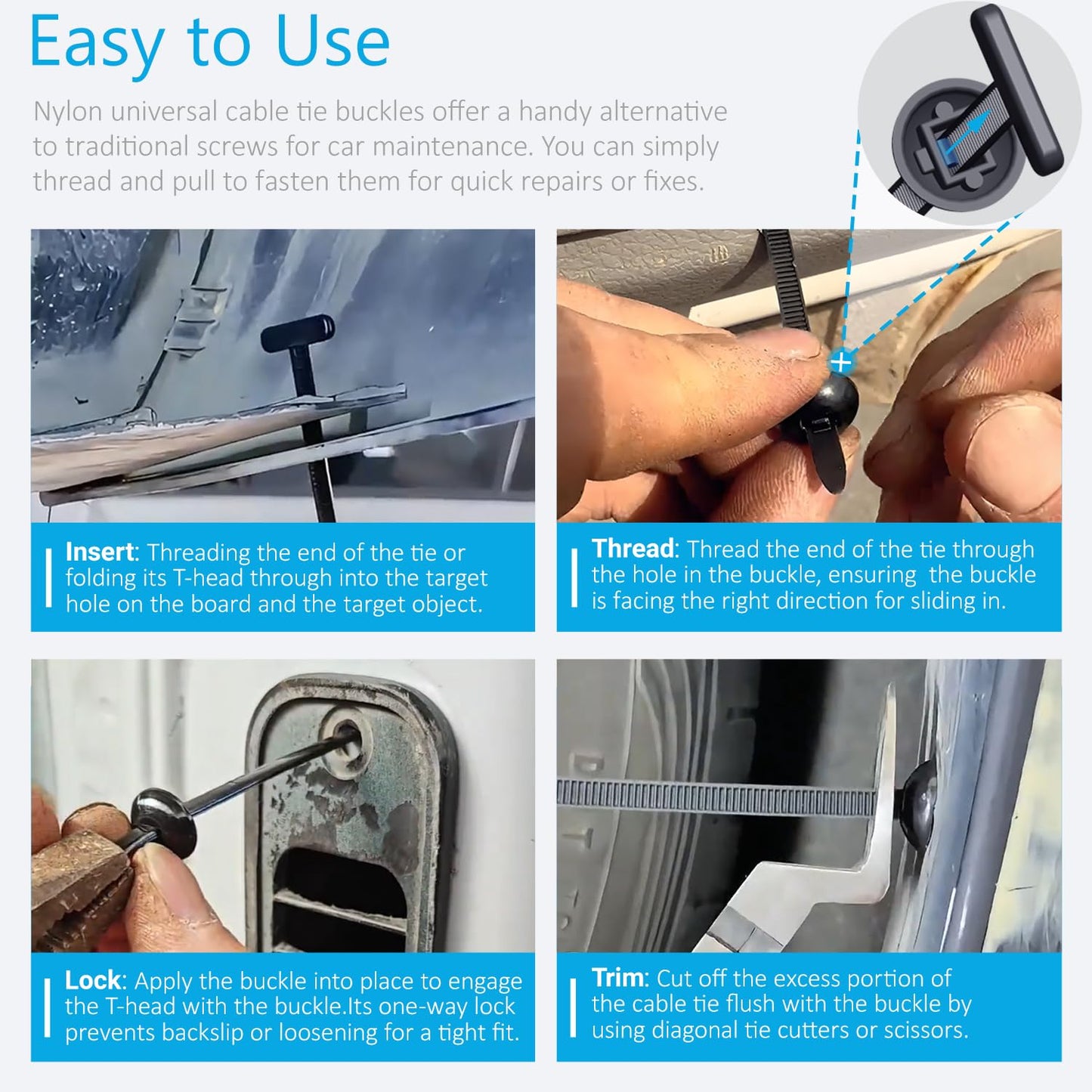 Upgrade Cable Tie Buckle Nylon Universal Heavy Duty Self Lock, Car Zipper Clip, Super Durable Button Zipper Retainer for Car Repair Office, Workshop and Shelves (30Pcs)