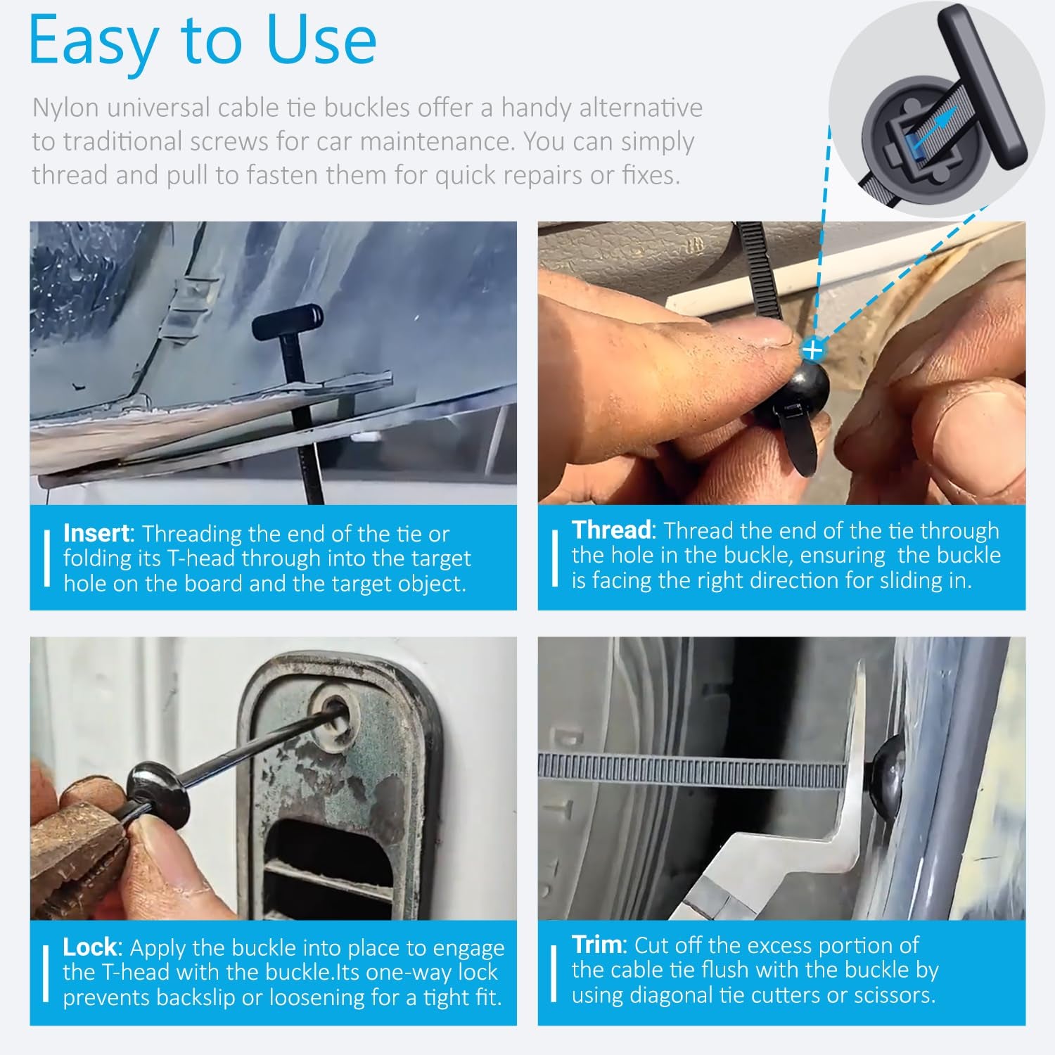 Upgrade Cable Tie Buckle Nylon Universal Heavy Duty Self Lock, Car Zipper Clip, Super Durable Button Zipper Retainer for Car Repair Office, Workshop and Shelves (30Pcs)