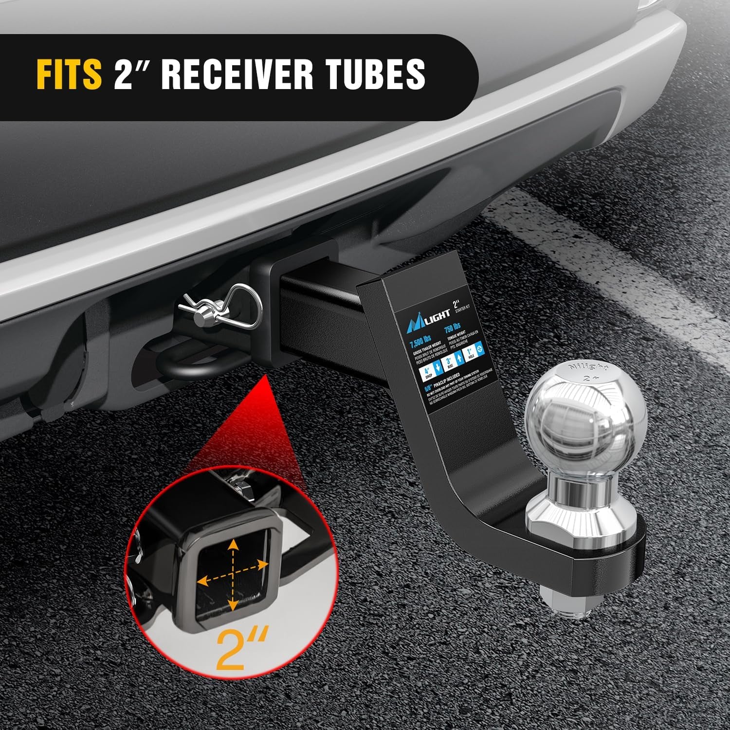 Trailer Hitch Ball Mount with 2-Inch Ball & 5/8" Hitch Pin Clip Fits 2-In Receiver 7500 Lbs 4" Drop,2 Years Warranty