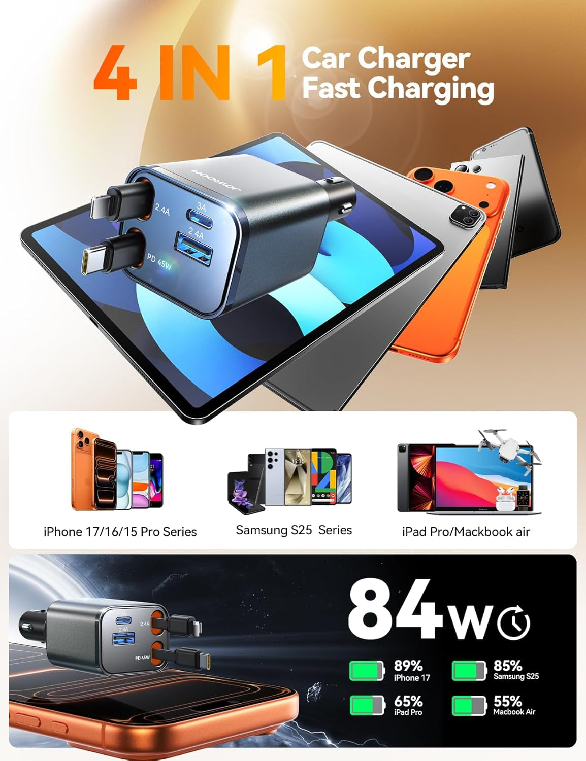 [2025 Ultra-Compact]  Retractable Car Charger 84W Car Charger USB C for Iphone 16 17 Fast Charging, Car Accessories, Car Adapter Travel Essentials Gifts for Women Men, for Iphone 17 16 15 14 13