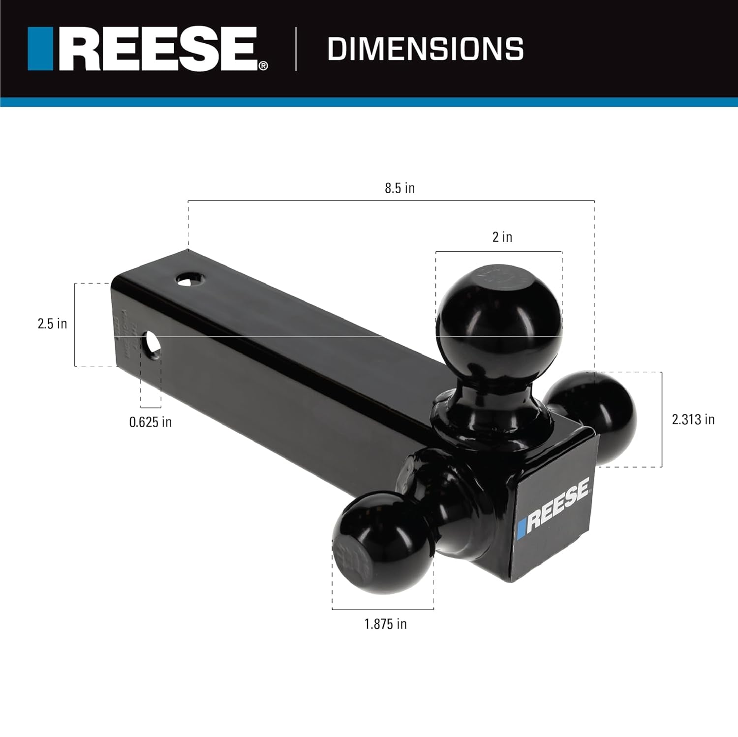 Towpower 7068820 Tri-Ball Trailer Hitch Ball Mount, (1-7/8 Inch, 2 Inch, 2-5/16 Inch Trailer Hitch Balls), Fits 2-1/2 Inch Square Receiver, 14,000 Lbs. Capacity