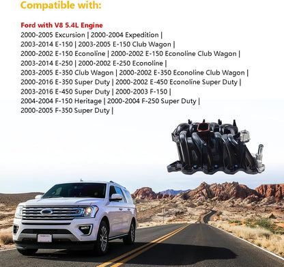 Upper Intake Manifold W/Gaskets Thermostat Kit | Fit for Ford Excursion Expedition E-150 Econoline Club Wagon E-250 E-350 E-450 F-250 F-350 Super Duty F-150 Heritage, V8 5.4L | OE# 2L1Z9424AA 615-188