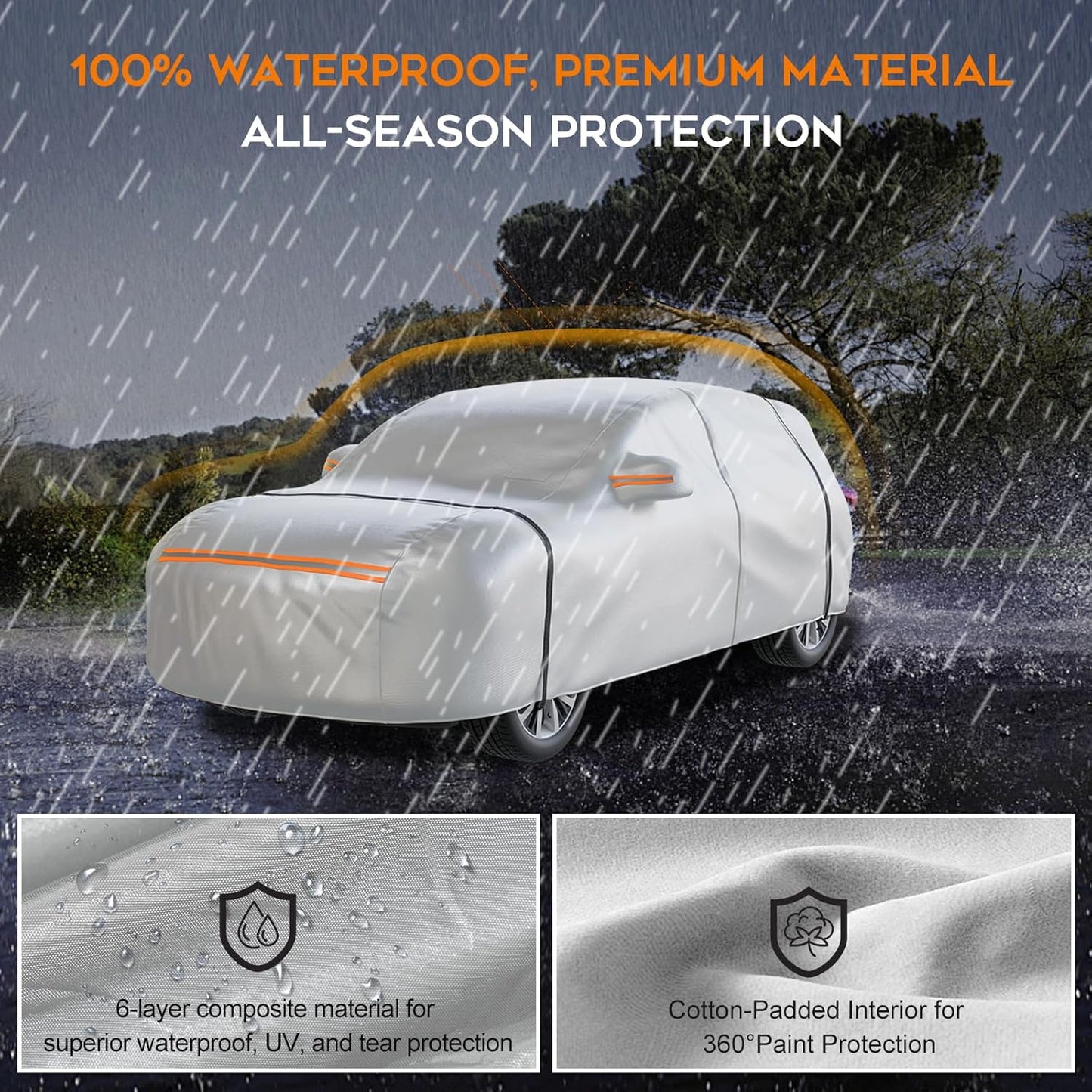 Waterproof SUV Car Cover: 6-Layer Protection from Rain, Snow, UV & Dust - Universal Fit up to 189 Inches with Zipper Door & Windproof Straps for Outdoor, Garage, Travel Use, Silver