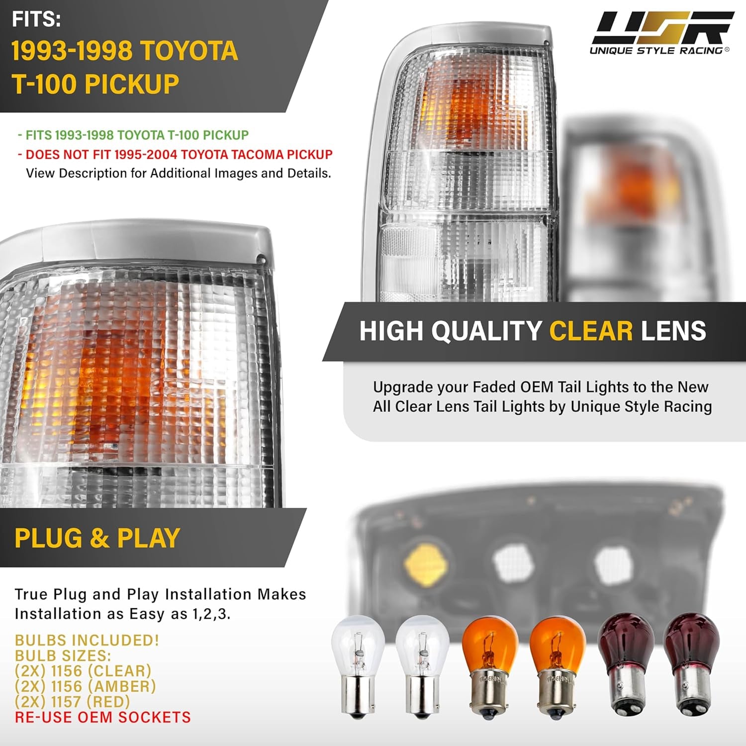 USR 93-98 XK10 / XK20 Tail Light – Rear Tail Lamps Set (Left + Right) Compatible with 1993-1998 Toyota T100 Pickup Truck All Models Base, DX and SR5 Pick up (CLEAR LENS TAIL LIGHTS with BULBS)