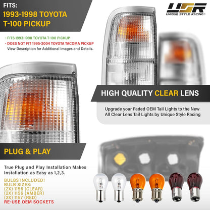 USR 93-98 XK10 / XK20 Tail Light – Rear Tail Lamps Set (Left + Right) Compatible with 1993-1998 Toyota T100 Pickup Truck All Models Base, DX and SR5 Pick up (CLEAR LENS TAIL LIGHTS with BULBS)
