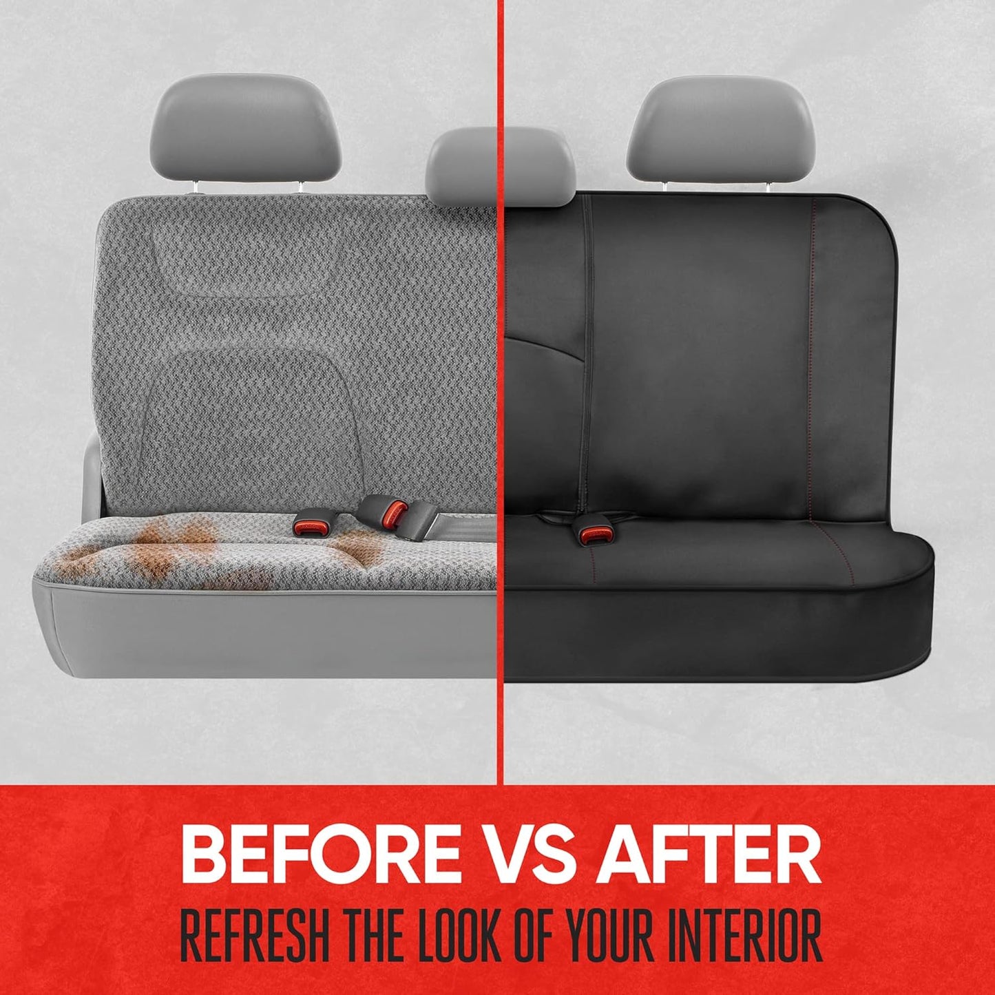 Spillguard Waterproof Rear Bench Car Seat Cover, Red Stitching – Split Bench Rear Seat Protector with Neoprene Padding, Back Seat Cover for Kids & Dogs, Car Interior Covers