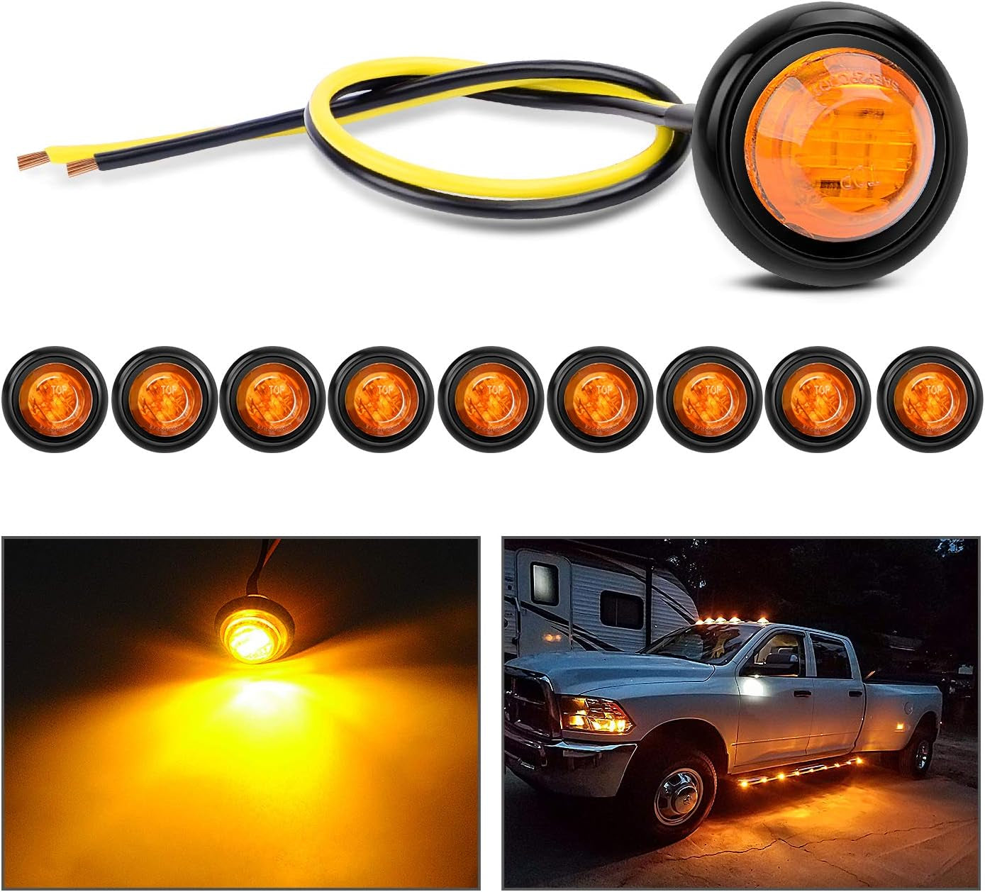 TL-03 10 PCS 3/4” round Clearance LED Front Rear Side Indicator Bullet Marker Light for Truck RV Car Bus Trailer Van Caravan Boat (12V, Amber)