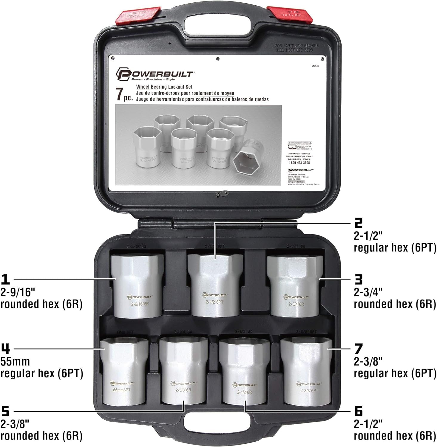 Wheel Bearing Locknut Socket Set, 7 Piece Remover Tool Kit, Rounded and Regular Hex, Wheel Bearing Tools, Storage Case - 648642, Silver