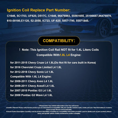 UF620 Ignition Coils Pack & 4PCS Iridium Spark Plugs Compatible with Chevy Cruze Sonic Aveo Aveo5 Pontiac G3 2011 2012-2018 1.6L 1.8L L4 Coil Pack Replace#90919-02247,C1646,5C1703,96476983