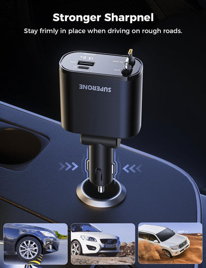 【Upgraded】  Retractable Car Charger 4 in 1, Fast Car Phone Charger with Cord 2.6Ft, USB C and Apple Car Adapter, Compatible with Iphone 17 16 15/15 Pro Max/14/13/12/11, Galaxy, Pixel