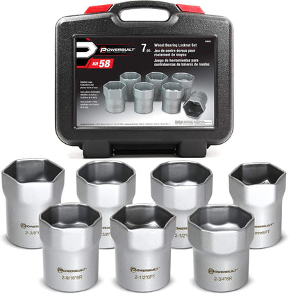 Wheel Bearing Locknut Socket Set, 7 Piece Remover Tool Kit, Rounded and Regular Hex, Wheel Bearing Tools, Storage Case - 648642, Silver