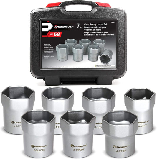 Wheel Bearing Locknut Socket Set, 7 Piece Remover Tool Kit, Rounded and Regular Hex, Wheel Bearing Tools, Storage Case - 648642, Silver