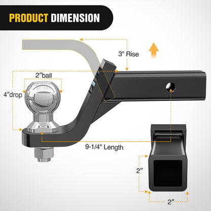 Trailer Hitch Ball Mount with 2-Inch Ball & 5/8" Hitch Pin Clip Fits 2-In Receiver 7500 Lbs 4" Drop,2 Years Warranty
