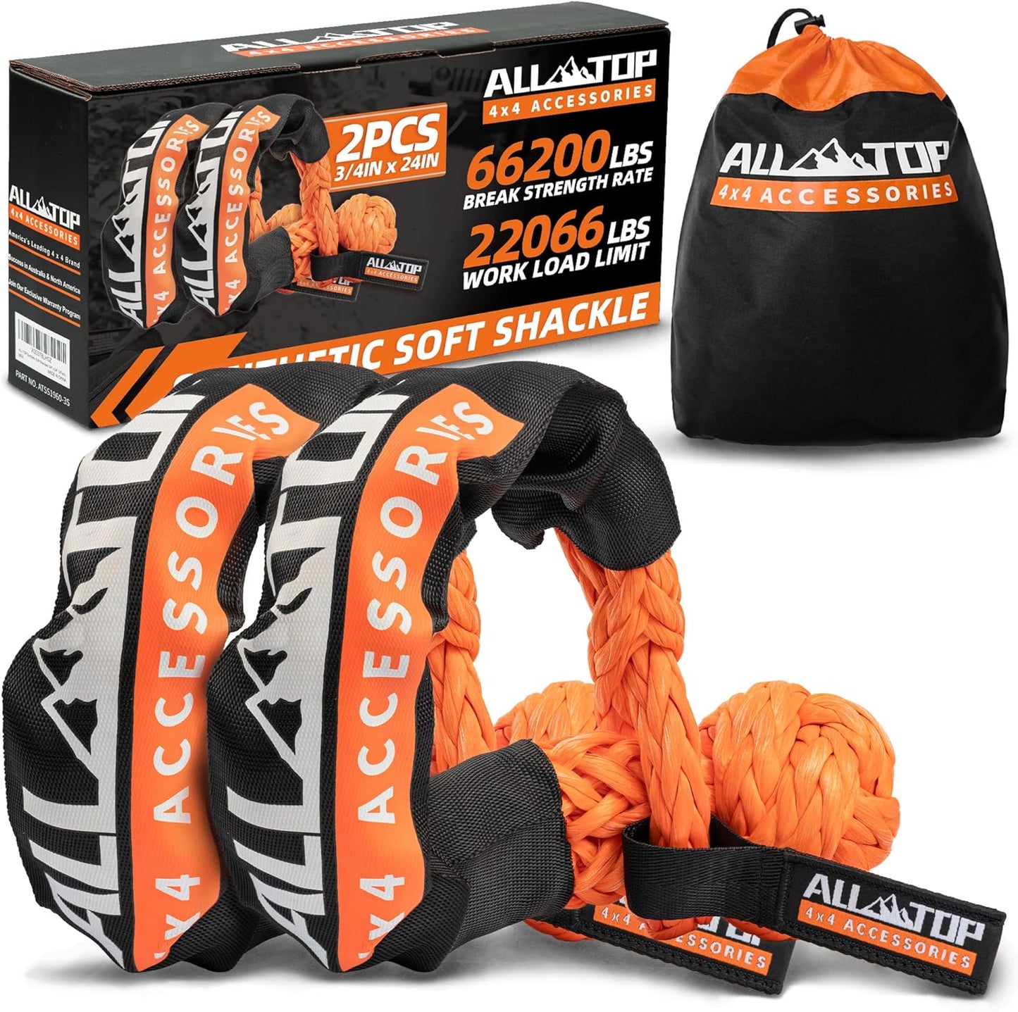 Synthetic Soft Shackle Rope 3/4In X 24In (66200Lbs Max Break) UHMWPE Recovery Tow Shackles for Offroad 4X4 Vehicles, 2 PCS