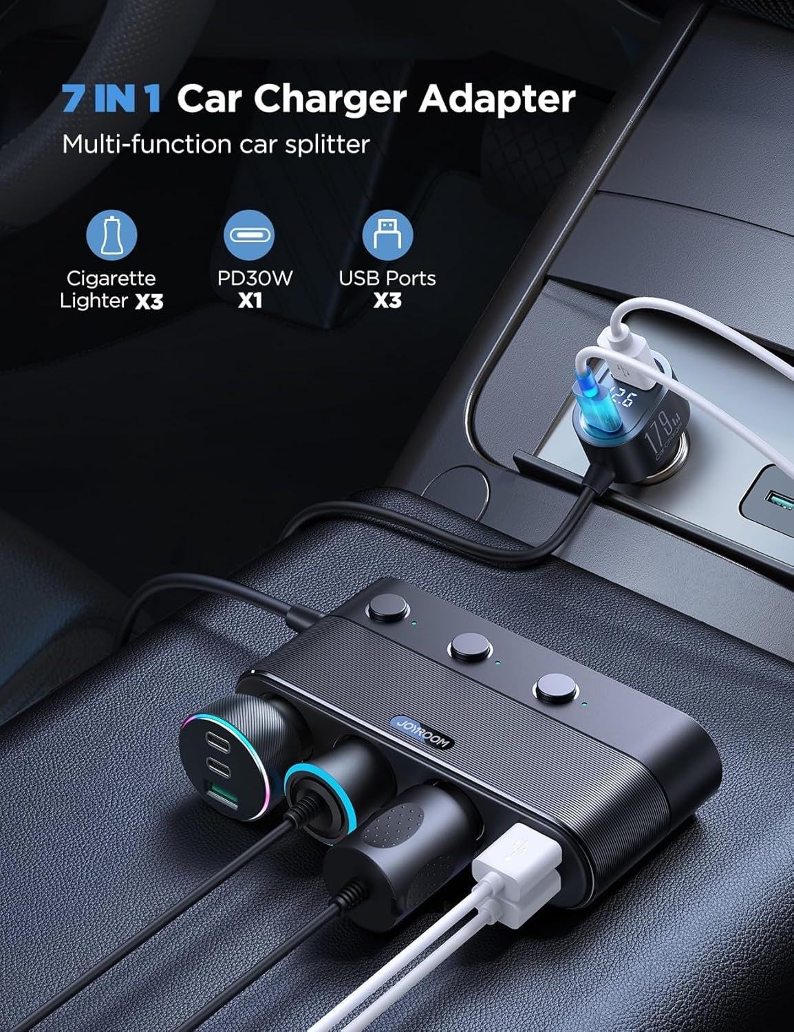 [2025 Upgraded] 7 in 1 Cigarette Lighter Adapter,  179W Car Charger Adapter with PD30W Charge(3.3Ft Cable), 24V/ 12V Cigarette Lighter Splitter with Independent Switches & LED Voltage Display