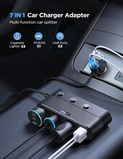 [2025 Upgraded] 7 in 1 Cigarette Lighter Adapter,  179W Car Charger Adapter with PD30W Charge(3.3Ft Cable), 24V/ 12V Cigarette Lighter Splitter with Independent Switches & LED Voltage Display