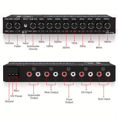 9-Band Car Audio Equalizer with Front, Rear & Auxiliary Outputs - 8V RMS Line Driver, Adjustable EQ for Cars & Yachts, No Battery Needed, Enhances Sound Experience, Durable Iron Construction, Car Audio Accessories, Vehicle Au
